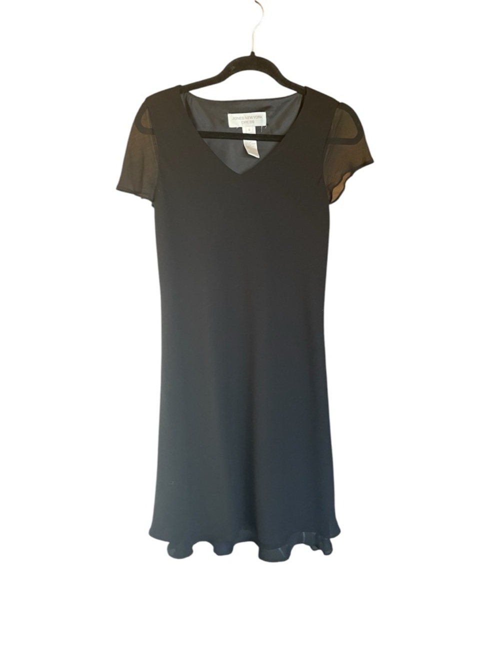 Vintage 1990s Jones New York Black V-Neck Mini Dress with Sheer Sleeves